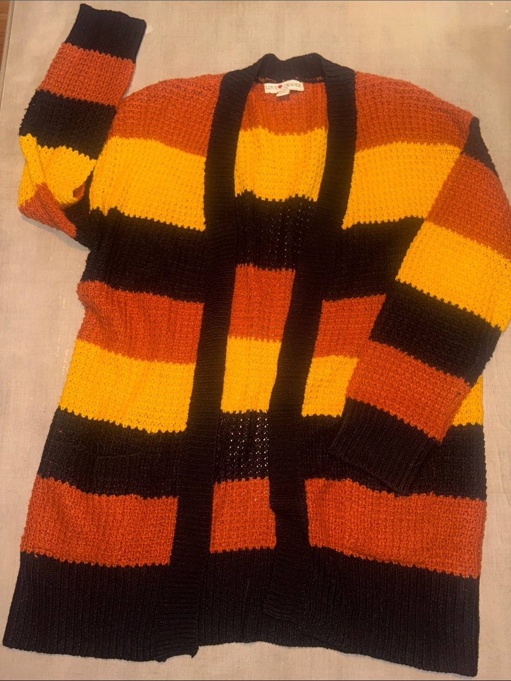 Striped Open-Front Cardigan in Black, Orange & Yellow
